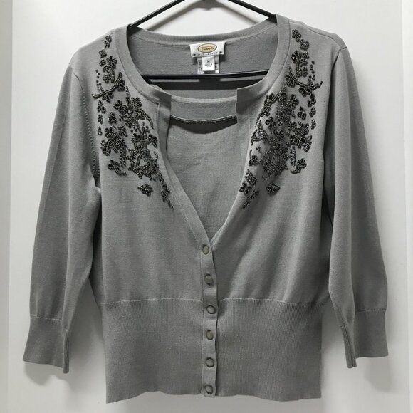 Talbots Petites Gray Beaded Silk Blend Twinset - Picture 1 of 16